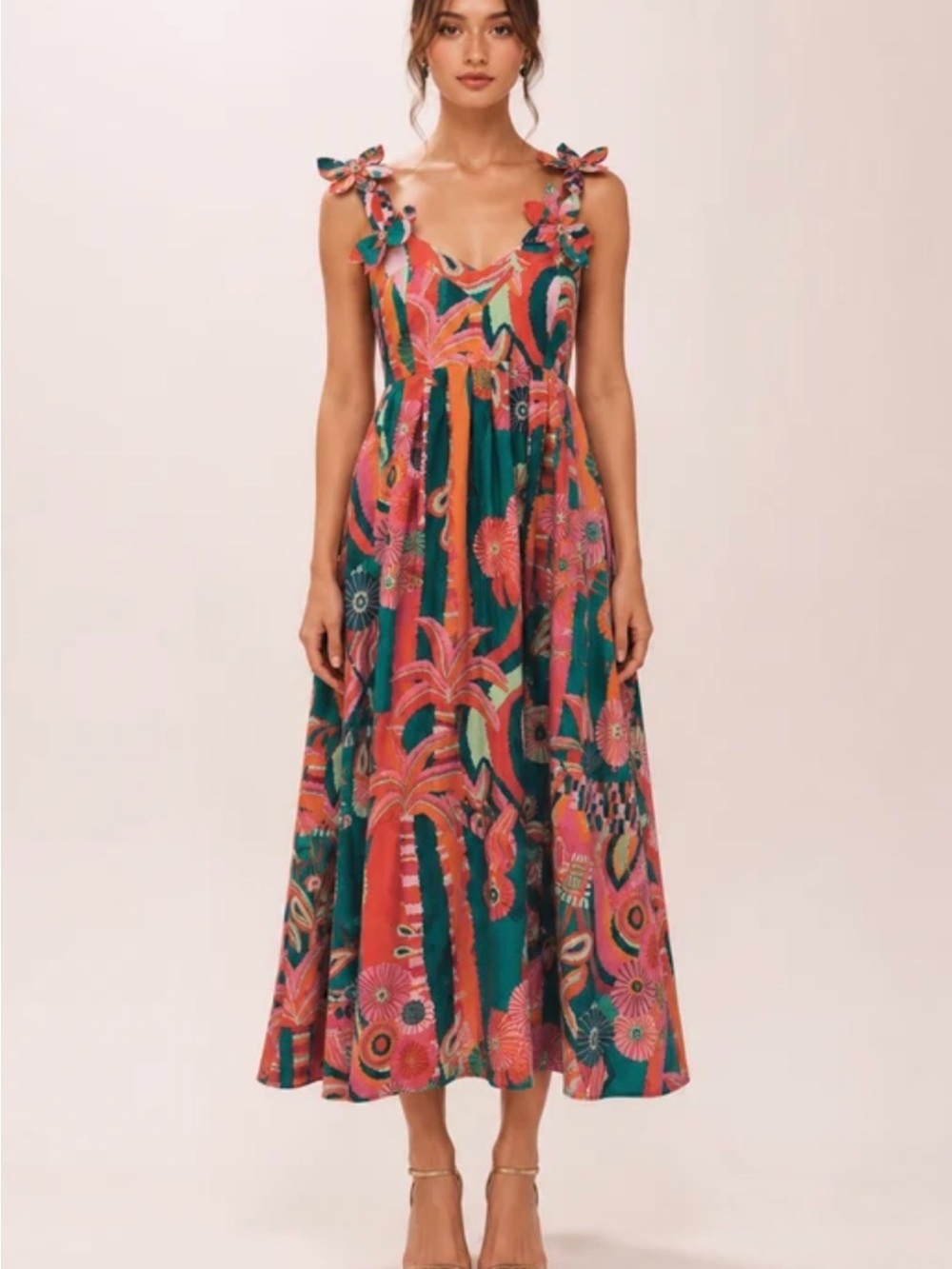 Farm Rio x Anthropologie Pleated Tropical Palm Midi Dress Size XXSmall